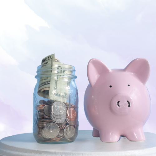 Pink piggy bank next to jar of money with coins and dollar bills inside