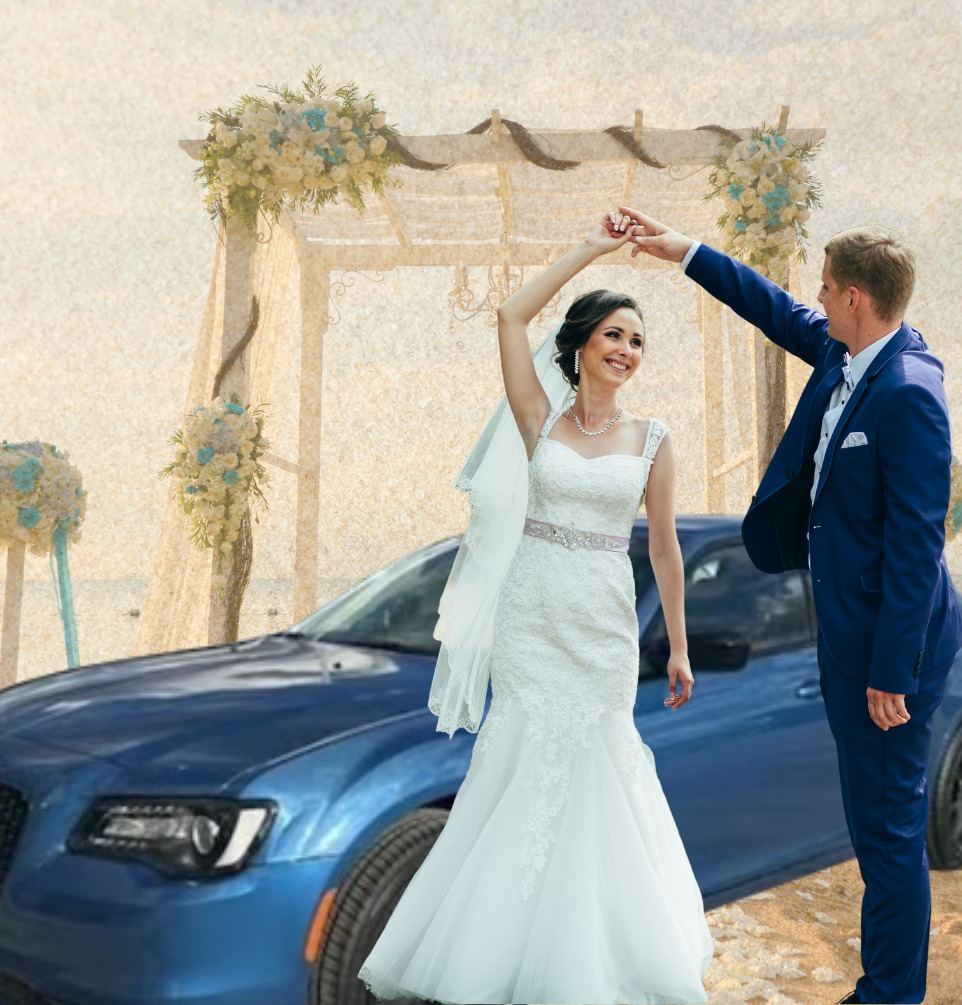 Bride and groom dancing in front of blue car wedding arch in the background